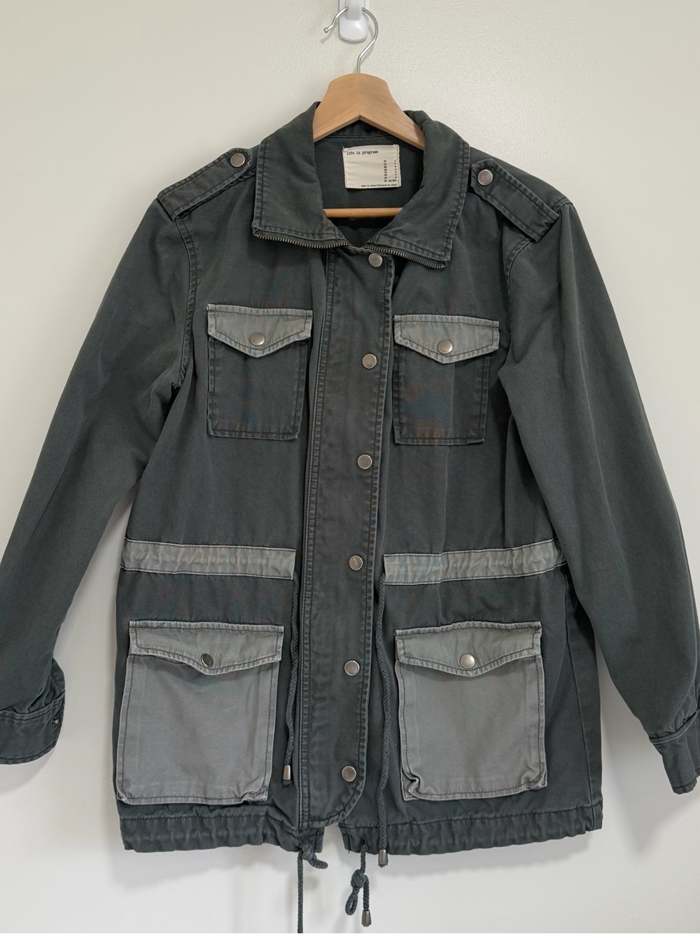 Life in Progress Utility Field Jacket Grey Green Womens Small Gorpcore Oversized